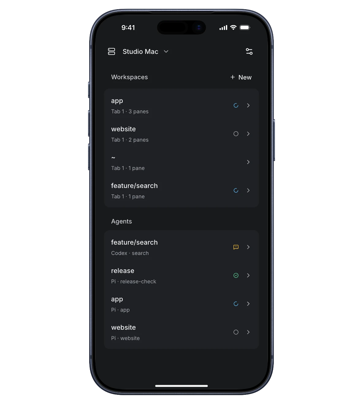 Herdr Home with grouped workspace and agent lists and working and done status indicators.