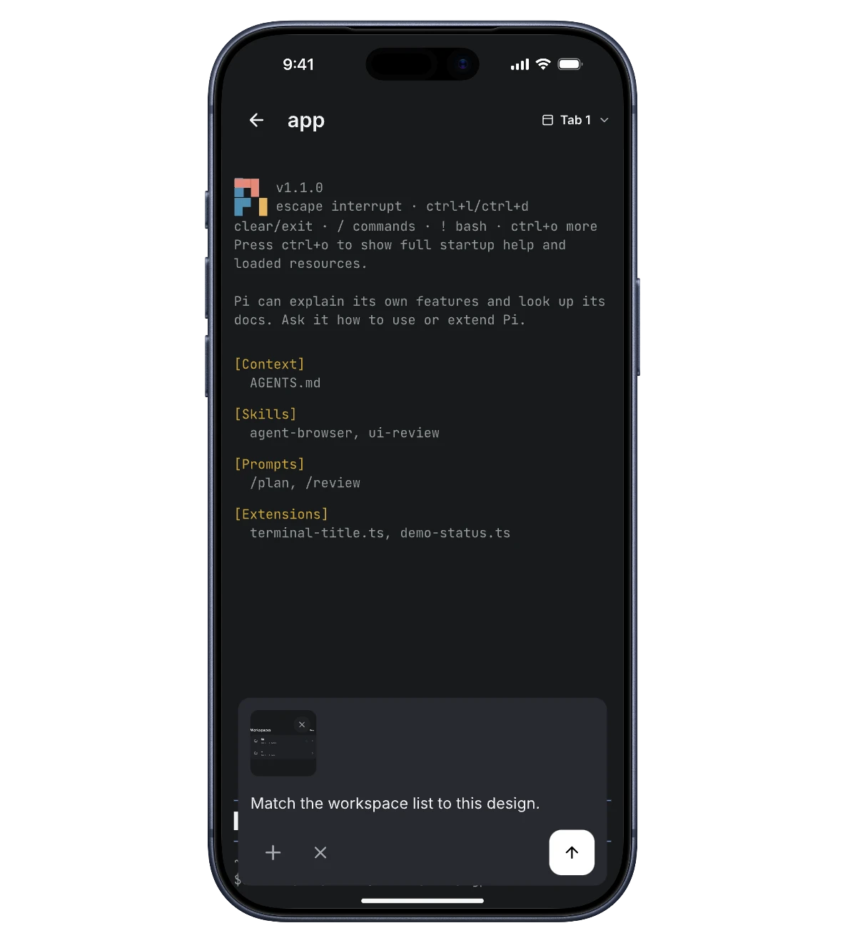 A Pi terminal on iPhone with an inline message composer and image attachment.